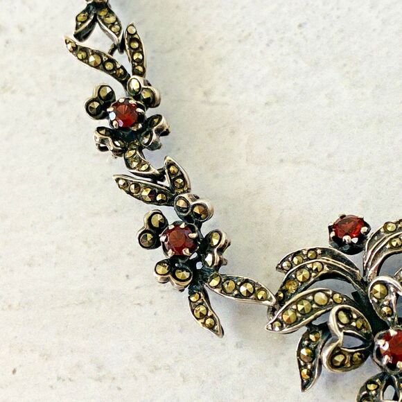 Gorgeous Sterling Silver Marcasite Garnet Necklace 20 In Long January Birthstone - Picture 14 of 16
